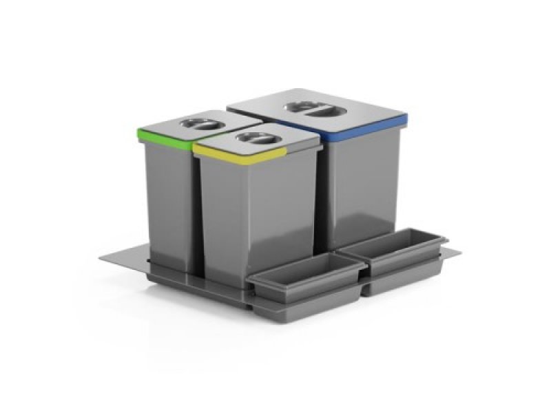 Odpadkový koš do šuplíku 600, 1x15 l + 2x7 l, šedý plast