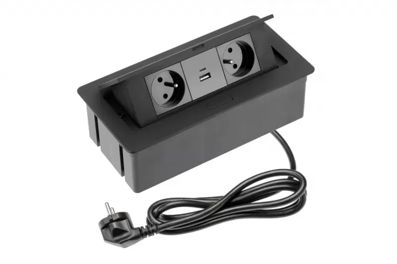 Výklopná zásuvka SOFT 2x230V, USB A+C, ČERNÁ